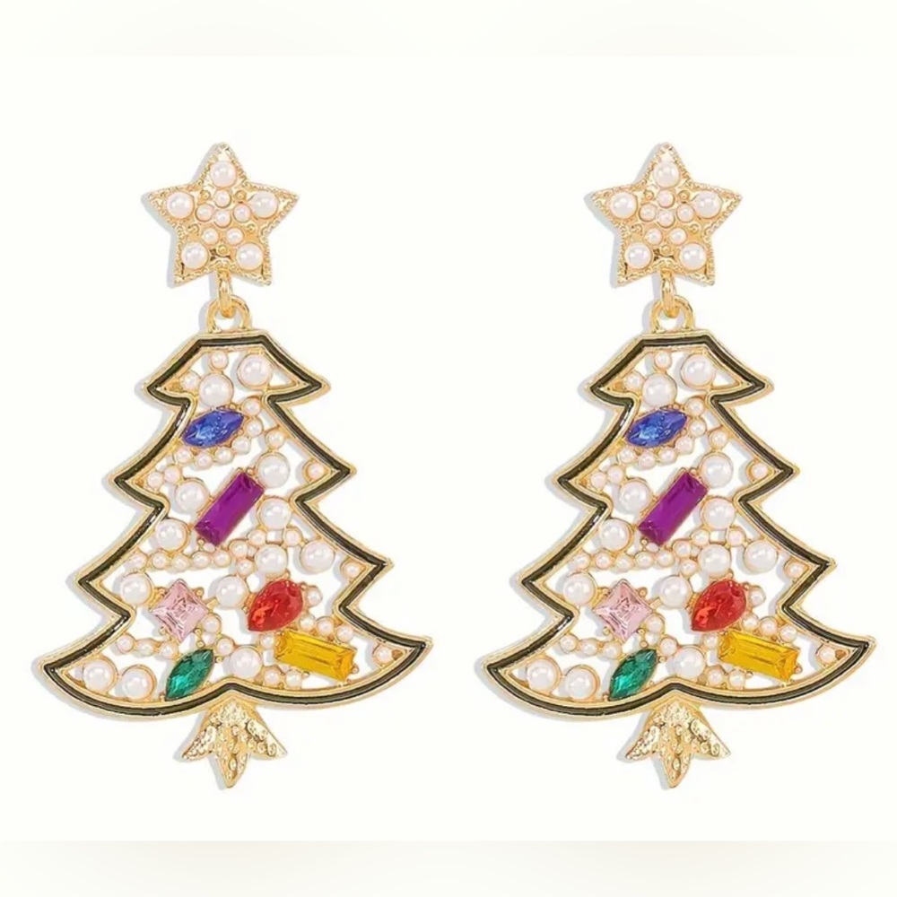 🎄 Beautiful Rhinestone and Faux Pearl Christmas Tree Earrings